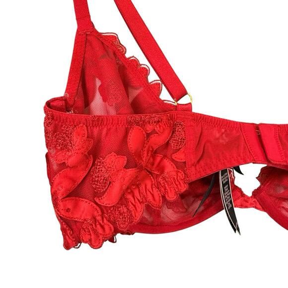 Victorias Secret Low Cut Demi Bra Unlined SIZE 36D Red Lacy Sheer Womens Mesh - Picture 2 of 11